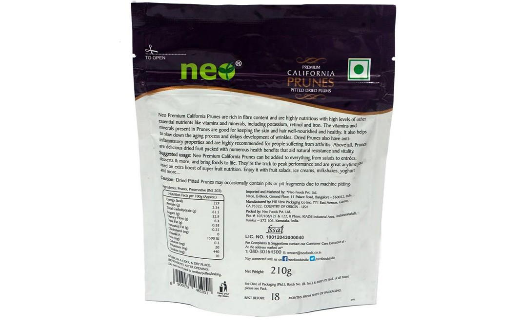 Neo Premium California Prunes, Pitted Dried Plums   Pack  210 grams